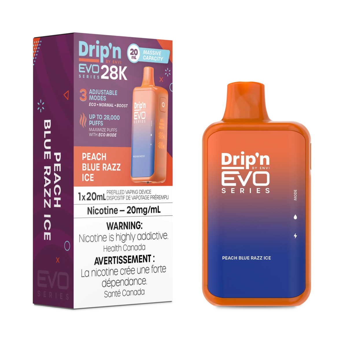 Drip'n by ENVI EVO Series 28K Disposable - Peach Blue Razz Ice 20mg