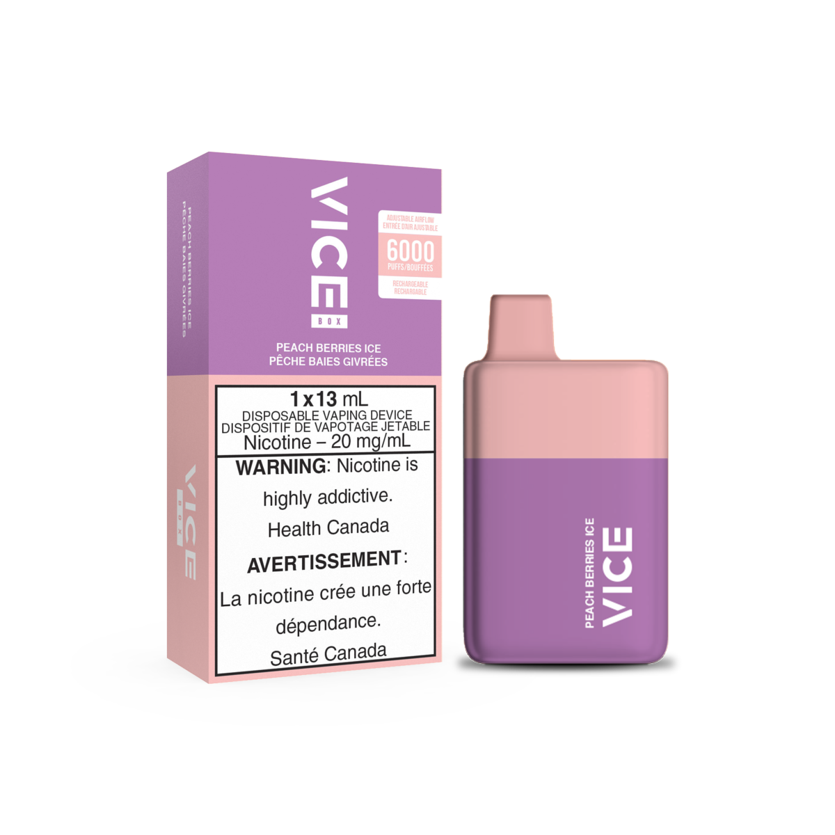 Vice Box Rechargeable Disposable Vape - 6000 Puffs - Peach Berries Ice - Zero Nicotine